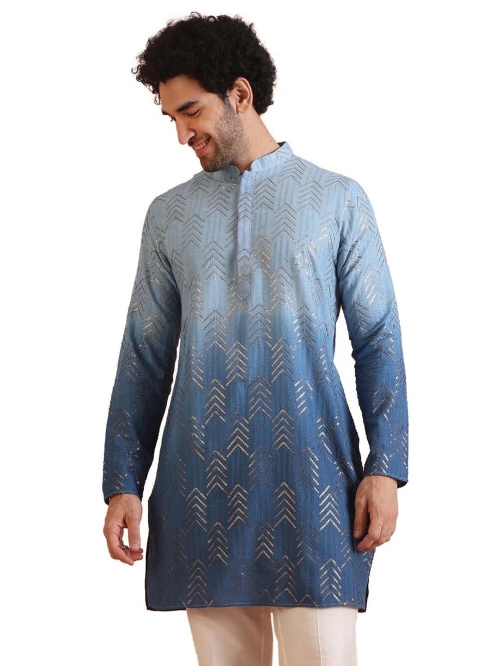 KISAH Men Kurta, Cotton, Full Sleaves, Knee Length, Straight, Regular Fit, Mandarin Collar Ethnic wear Azure-38