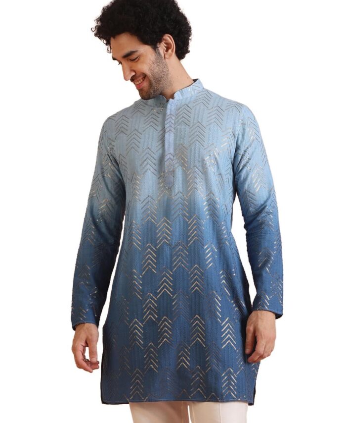 KISAH Men Kurta, Cotton, Full Sleaves, Knee Length, Straight, Regular Fit, Mandarin Collar Ethnic wear Azure-38
