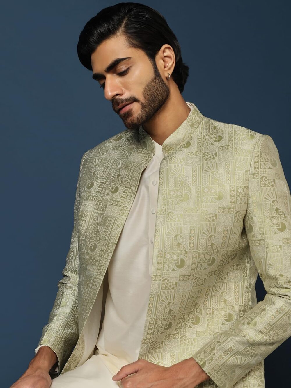 KISAH Men's Beige and Silver Indo-Western Kurta Sherwani Churidar Set Cotton Full Sleaves, Knee Length, Straight, Regular Fit, Mandarin Collar Ethnic wear - Image 4