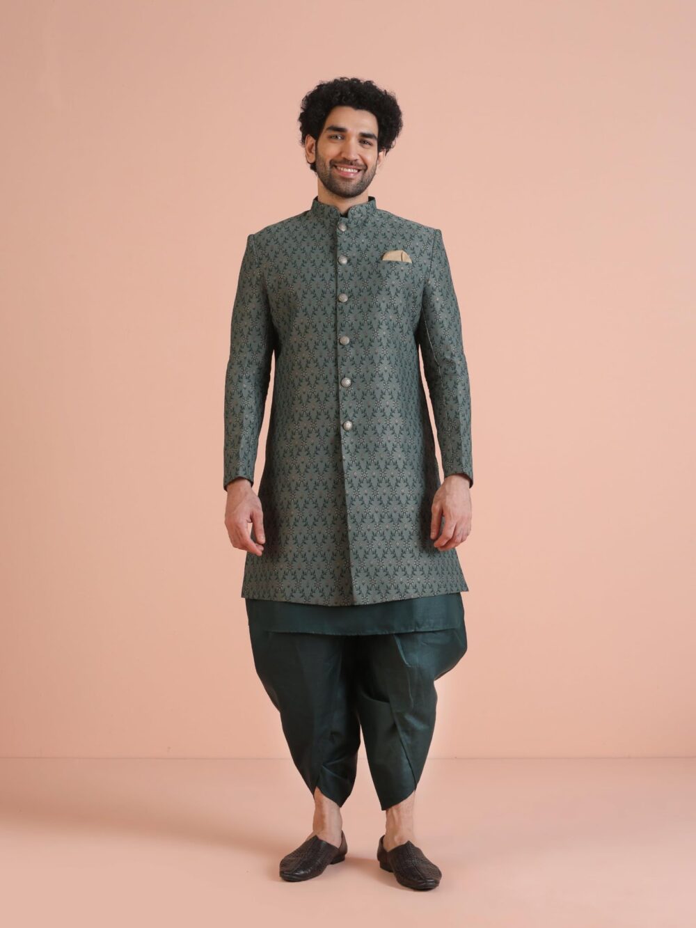 KISAH Men's Ethnic Wear Silk Blend Printed Regular Fit Green Kurta Indo-Western Sherwani Set Indo-Western-44 - Image 4