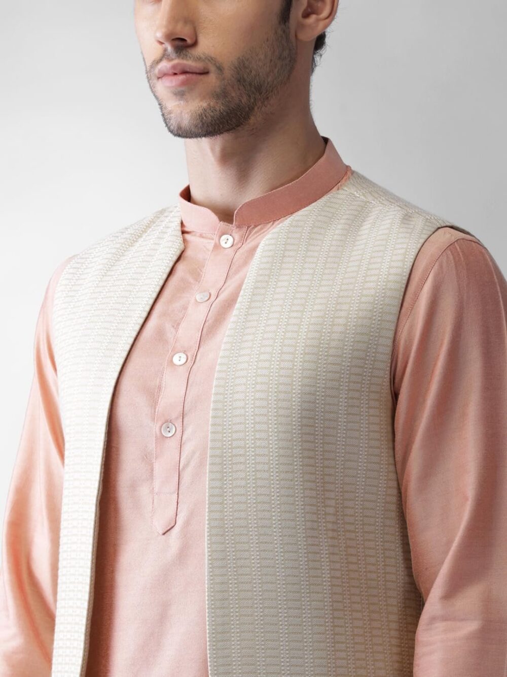 KISAH Men Cream Layered Kurta with Pyjamas Jacket, Full Sleaves, Knee Length, Straight, Regular Fit, Mandarin Collar Ethnic wear - Image 3