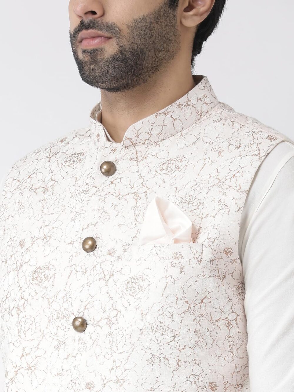 KISAH Men White Kurta with Churidar, Full Sleaves, Knee Length, Straight, Regular Fit, Mandarin Collar Ethnic wear - Image 6