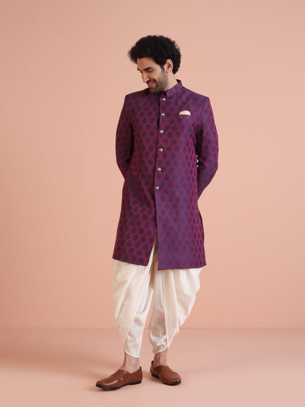 KISAH Men Purple Jacquard Woven Design Indo-Western Sherwani Set Indo-Western, Ethnic wear - Image 4