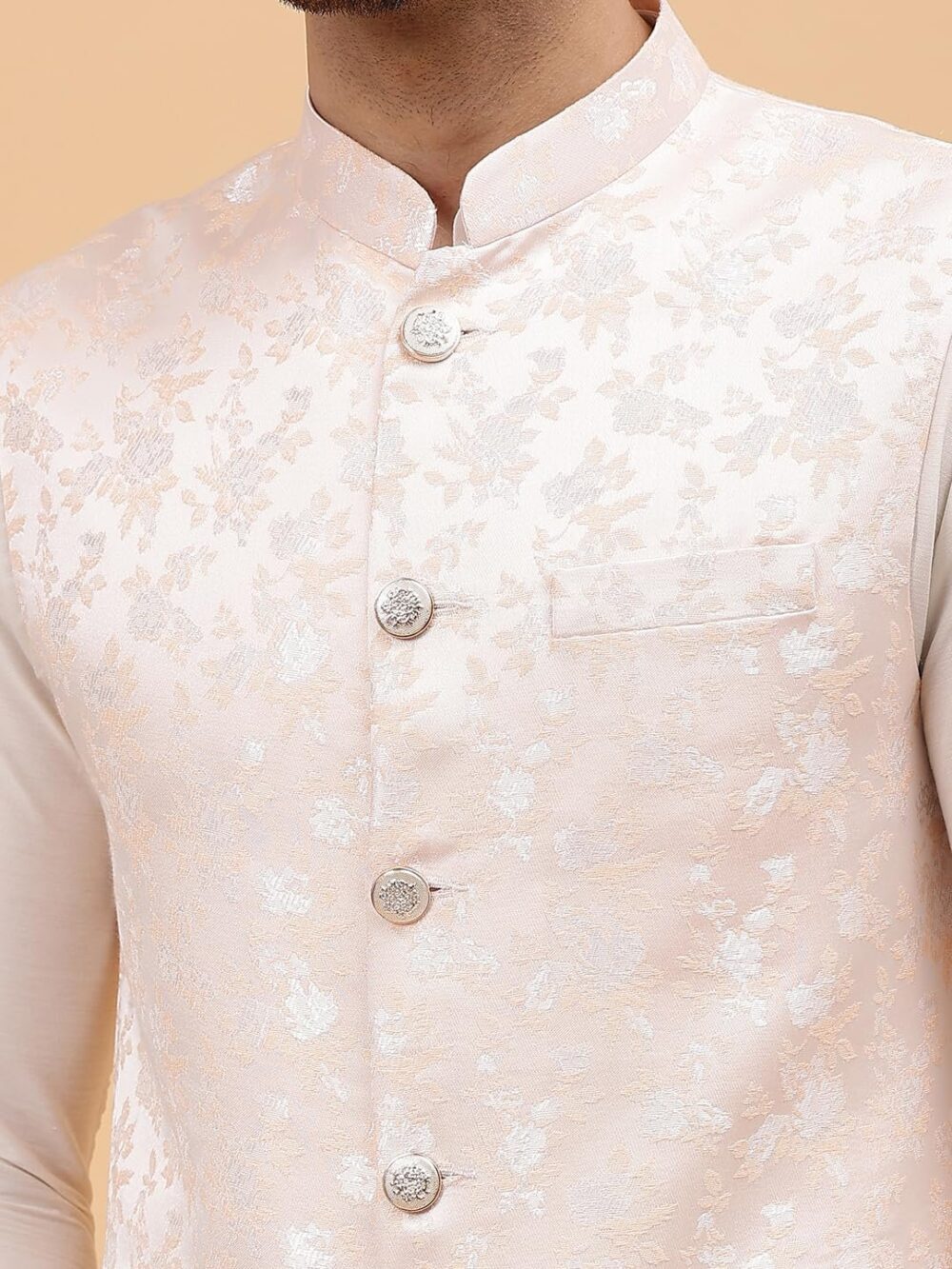 See Designs Men Off White Kurta Pajama & Peach Woven Design Jacquard Nehru jacket_SDNJ23501XXL - Image 4