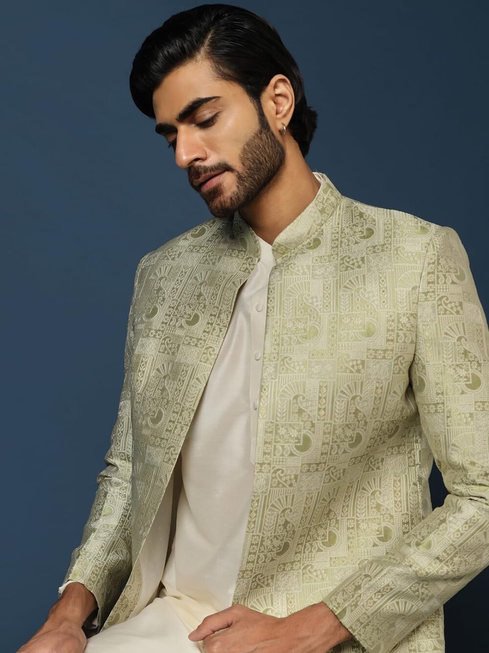 KISAH Men's Beige and Silver Indo-Western Kurta Sherwani Churidar Set Cotton Full Sleaves, Knee Length, Straight, Regular Fit, Mandarin Collar Ethnic wear - Image 7