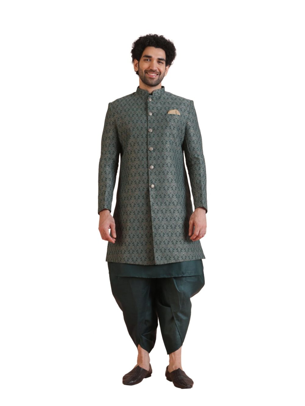 KISAH Men's Ethnic Wear Silk Blend Printed Regular Fit Green Kurta Indo-Western Sherwani Set Indo-Western-44