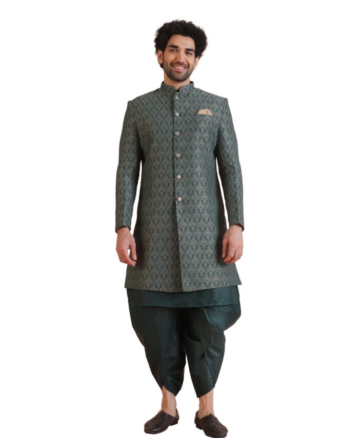 KISAH Men's Ethnic Wear Silk Blend Printed Regular Fit Green Kurta Indo-Western Sherwani Set Indo-Western-44