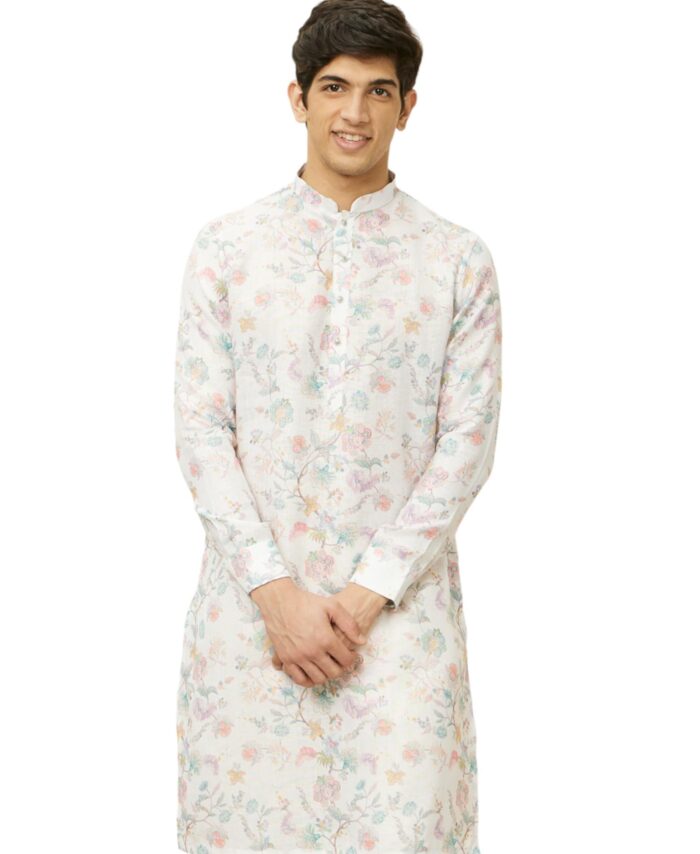Manyavar Men's Delicate White Bel Buti Printed Kurta (L)