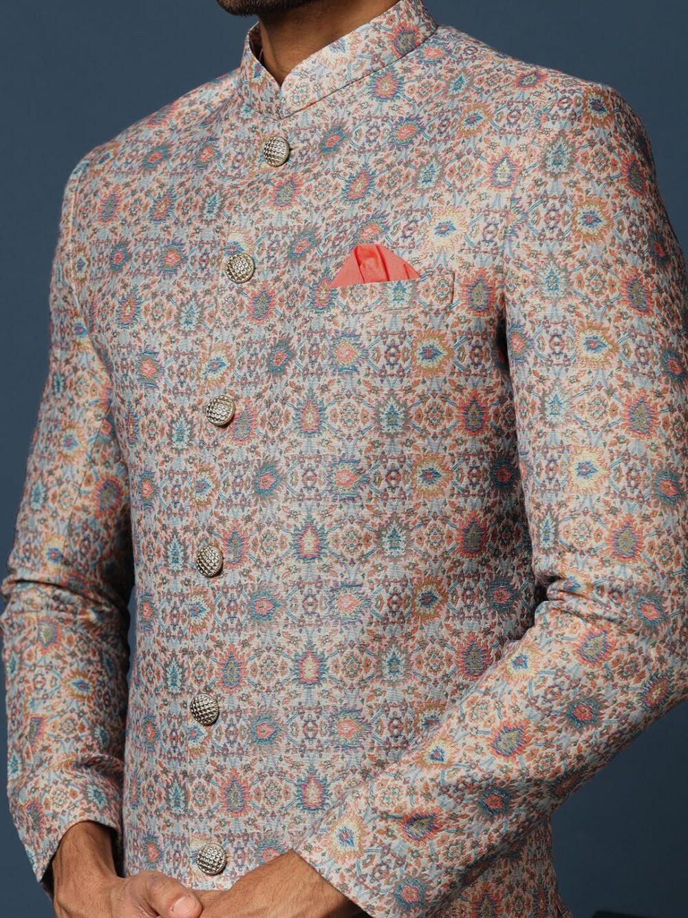 KISAH Men's Grey and Pink Indo-Western Kurta Sherwani Churidar Set Cotton Full Sleaves, Knee Length, Straight, Regular Fit, Mandarin Collar Ethnic wear - Image 4