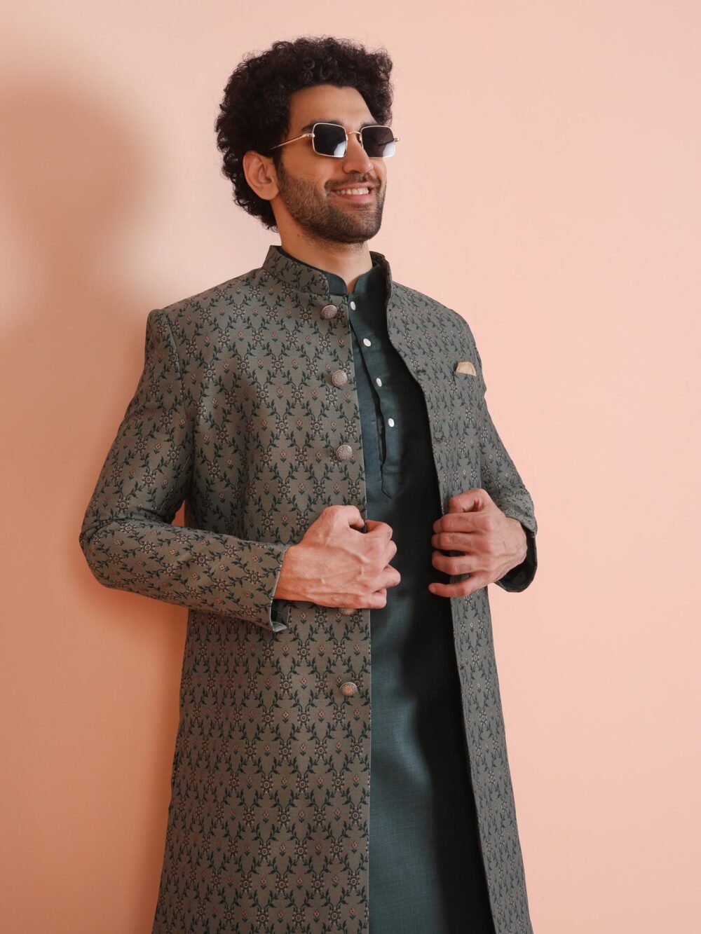 KISAH Men's Ethnic Wear Silk Blend Printed Regular Fit Green Kurta Indo-Western Sherwani Set Indo-Western-44 - Image 3