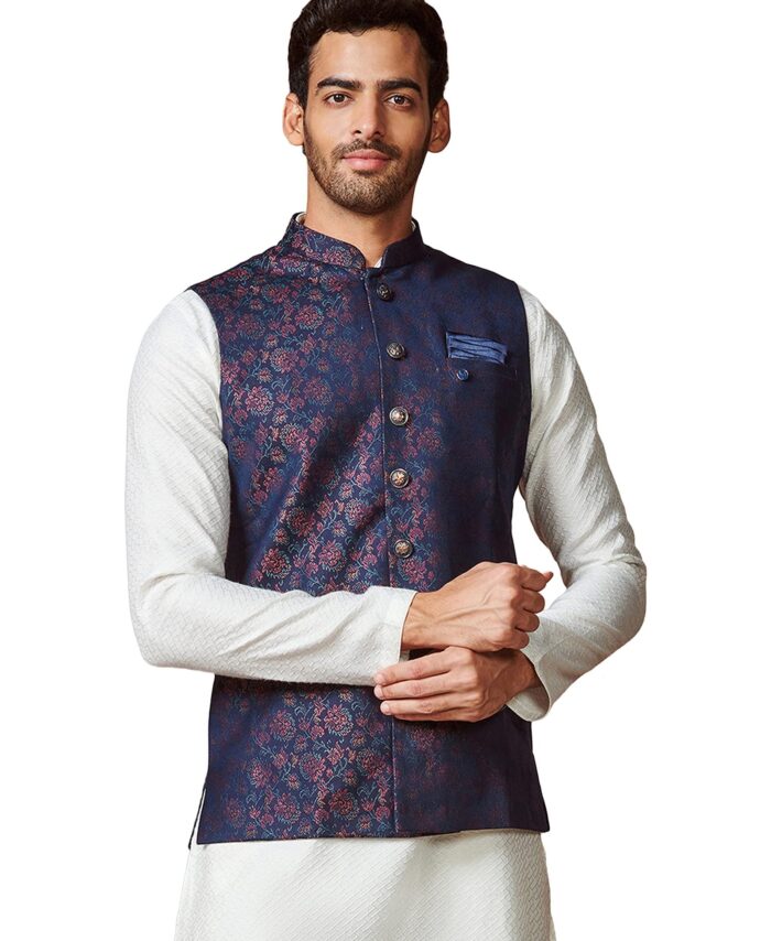 Manyavar Nehru Jacket for Men, Ethnic Jacket for Festival, Wedding, Party, Sleevless Jacket, All Over Self Design (Blue, XL)