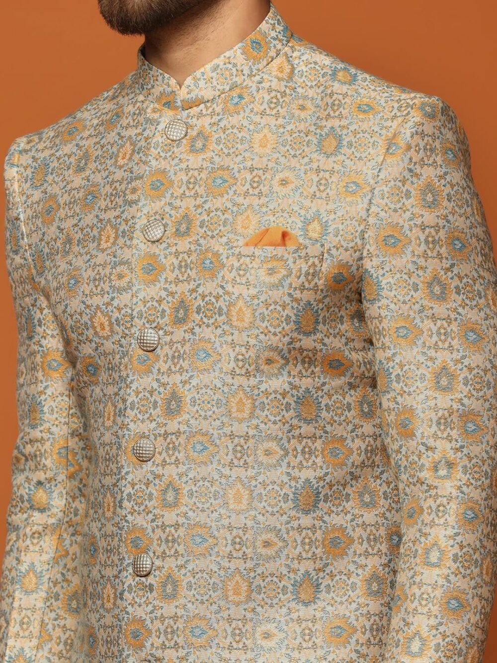 KISAH Men’s Sherwani & Trouser Set – Textured Silk Blend Jacquard Ethnic Wear for Men – Regular Fit Wedding & Festive Look – Dry Clean Only, Multicolour, 40 - Image 4