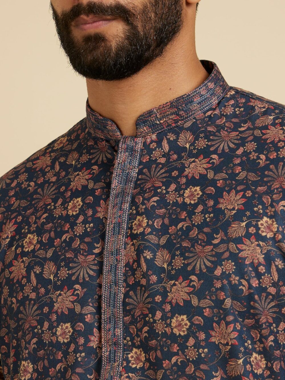 Manyavar Men's Viscose Blend Floral Print Kurta Pyjama Set (Blue,2XL) - Image 5