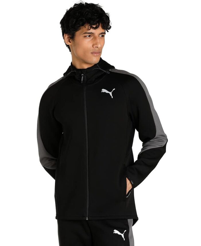 Puma Men's Cotton Printed A-Line Coat (84991501_Black_XL), Fitted, Hoodie Neck