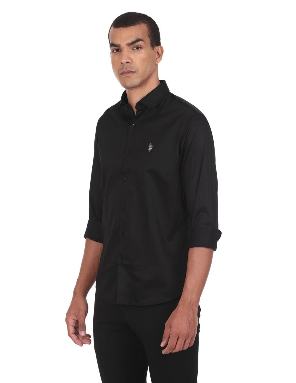 U.S. POLO ASSN. Men's Solid Satin Stretch Spread Collar Barrel Cuff Casual Shirt (USSHTC0016_Black_L) - Image 5