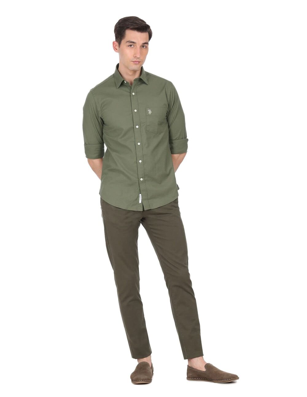 U.S. POLO ASSN. Men's Cotton Oxford Stretch Tailored Fit Spread Collar Casual Shirt (USSHTC0047_Olive_L) - Image 6