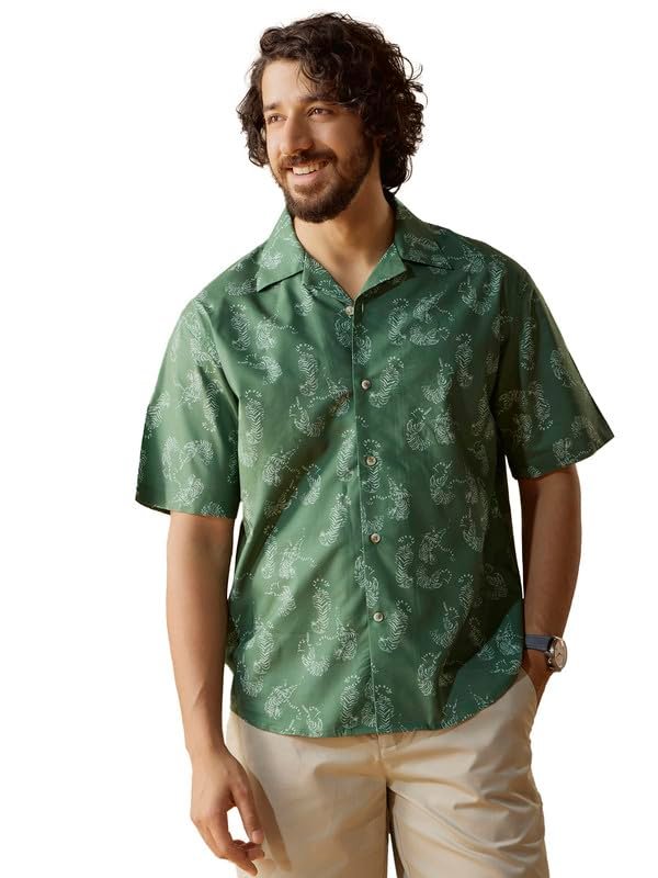 Andamen Mens Casual Cotton Blend Print Relaxed Fit Shirt Green