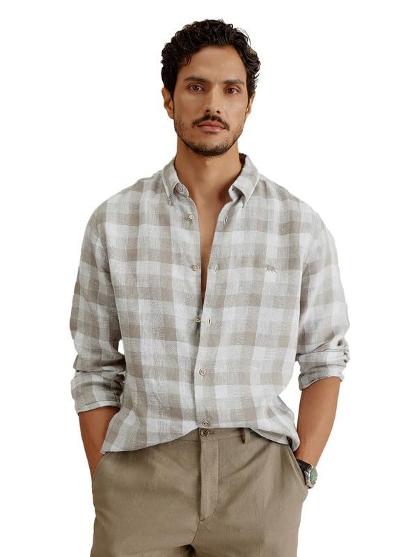 Andamen Premium Tartan Checks Linen Casual Shirt Grey