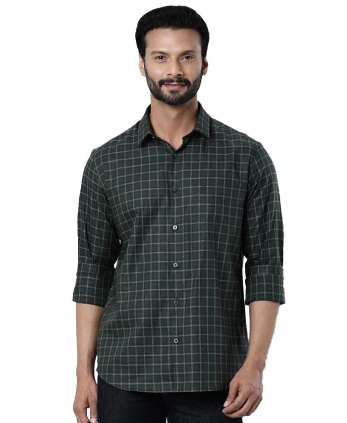 Indian Terrain Checks Cotton Slim Fit Mens Casual Shirt (Green, Small)