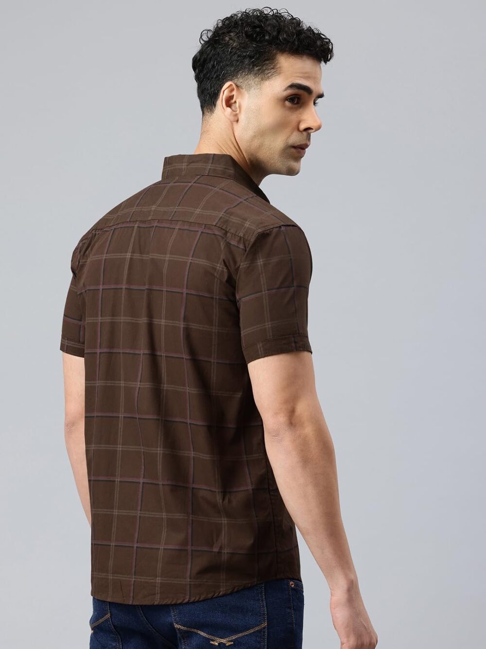 Majestic Man Men's Comfort Slim Fit Checked Pure Cotton Half Sleeve Casual Shirt (Brown, Large) - Image 5