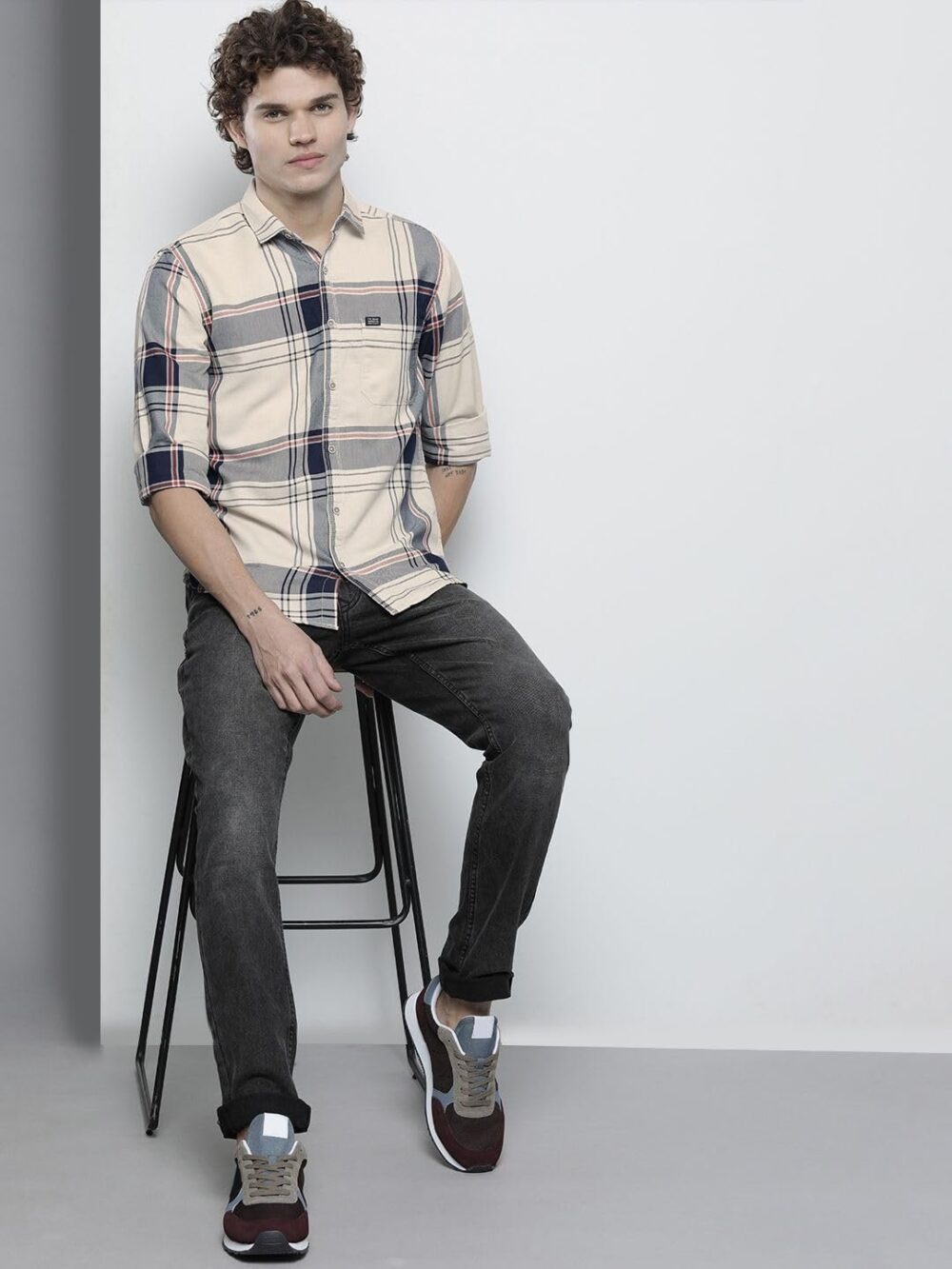The Indian Garage Co Men's Checkered Slim Fit Shirt (1221-SH151-01_Cream L) - Image 4