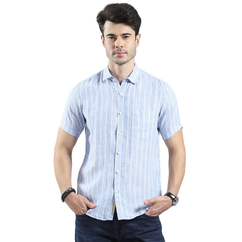 Monte Carlo Men's Regular Fit Shirt | Checked Pattern | Half Sleeves | Spread Collar | Stylish & Casual Shirt for Men Blue L (Pack Of 1)