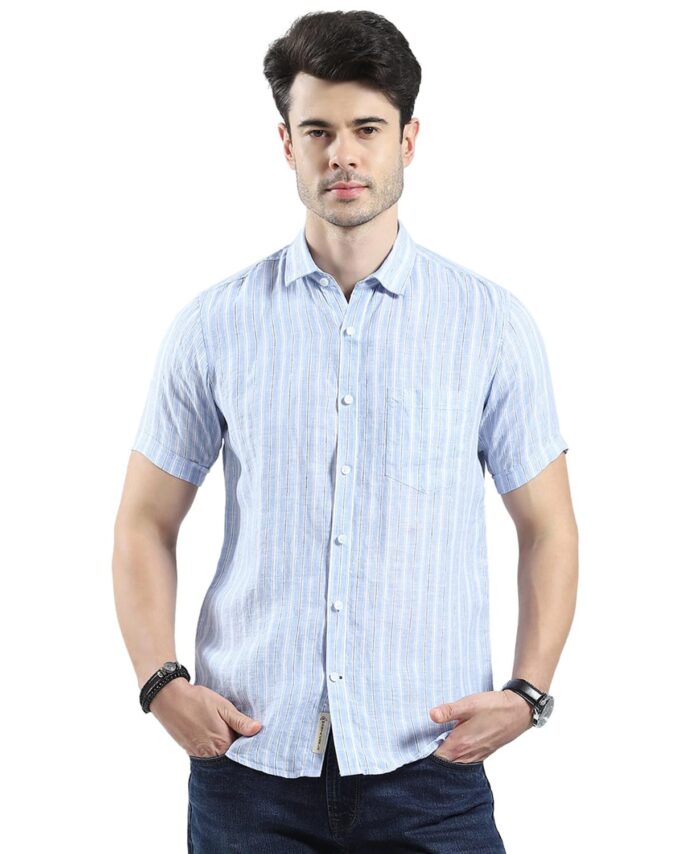 Monte Carlo Men's Regular Fit Shirt | Checked Pattern | Half Sleeves | Spread Collar | Stylish & Casual Shirt for Men Blue L (Pack Of 1)