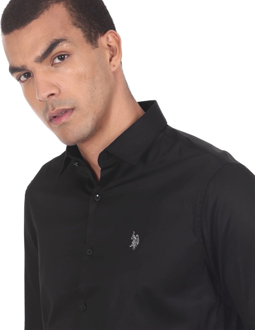 U.S. POLO ASSN. Men's Solid Satin Stretch Spread Collar Barrel Cuff Casual Shirt (USSHTC0016_Black_L) - Image 3