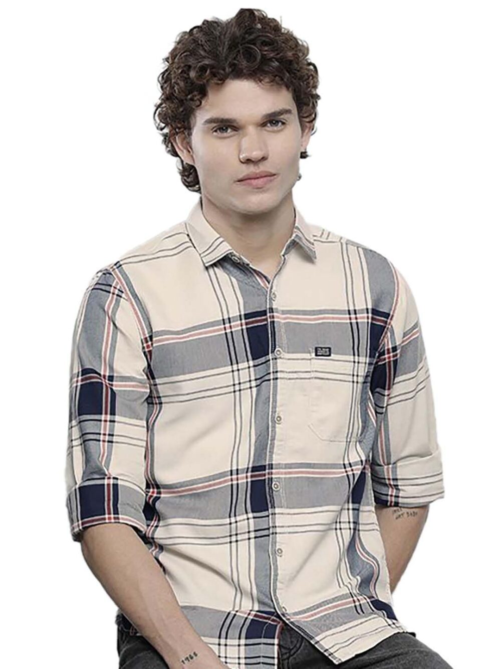 The Indian Garage Co Men's Checkered Slim Fit Shirt (1221-SH151-01_Cream L)