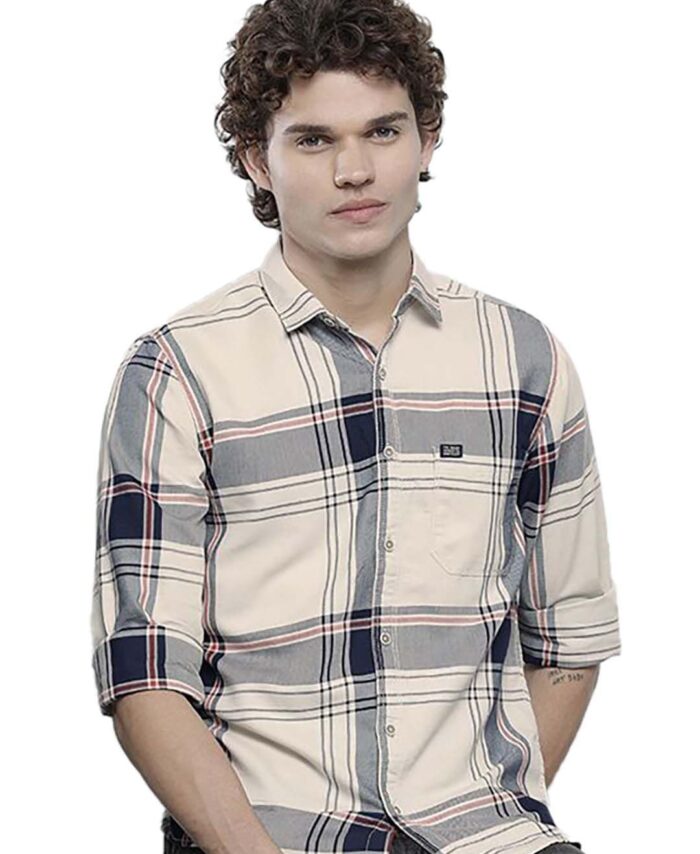 The Indian Garage Co Men's Checkered Slim Fit Shirt (1221-SH151-01_Cream L)