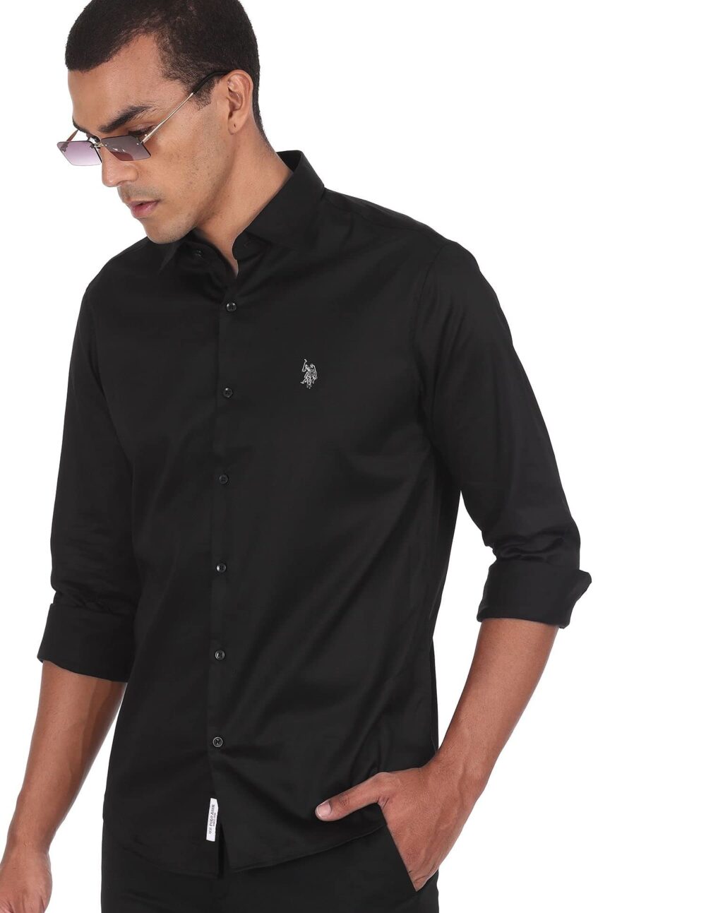 U.S. POLO ASSN. Men's Solid Satin Stretch Spread Collar Barrel Cuff Casual Shirt (USSHTC0016_Black_L) - Image 7