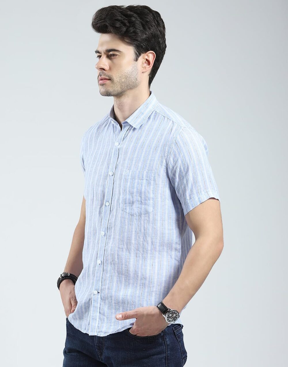 Monte Carlo Men's Regular Fit Shirt | Checked Pattern | Half Sleeves | Spread Collar | Stylish & Casual Shirt for Men Blue L (Pack Of 1) - Image 6