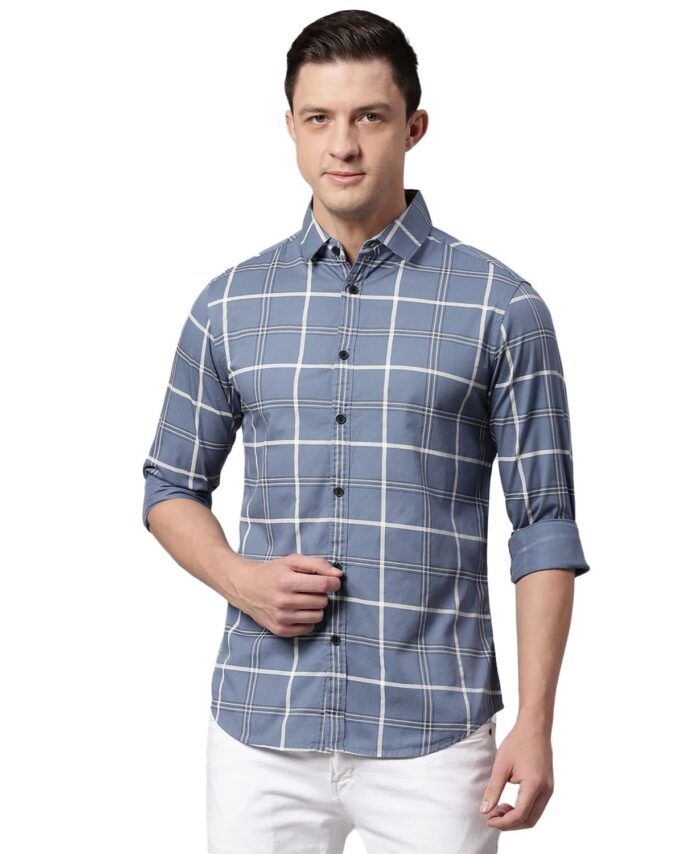 Dennis Lingo Men's Cotton Window Pane Checkered Slim Fit Casual Shirt (C751_D-Blue, XXL)