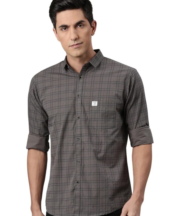 Majestic Man Men's Comfort Slim Fit Pure Cotton Opaque Checked Casual Shirt (in, Alpha, Large, Regular, Grey)
