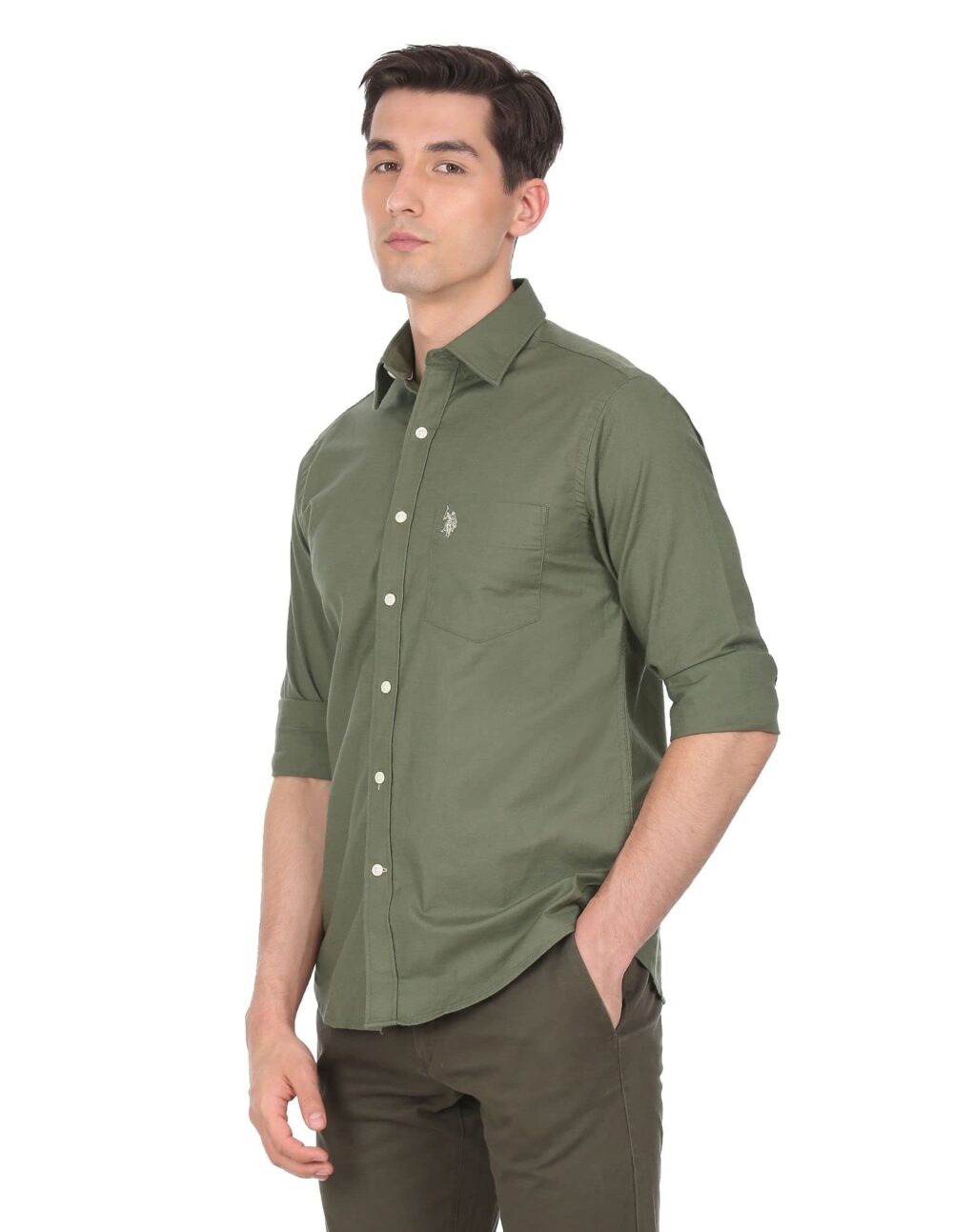U.S. POLO ASSN. Men's Cotton Oxford Stretch Tailored Fit Spread Collar Casual Shirt (USSHTC0047_Olive_L) - Image 5