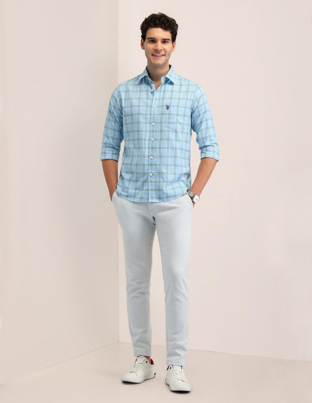 U.S. POLO ASSN. Men's Checked Tailored Fit Shirt (USSHTFX0589_Light Blue - Image 5