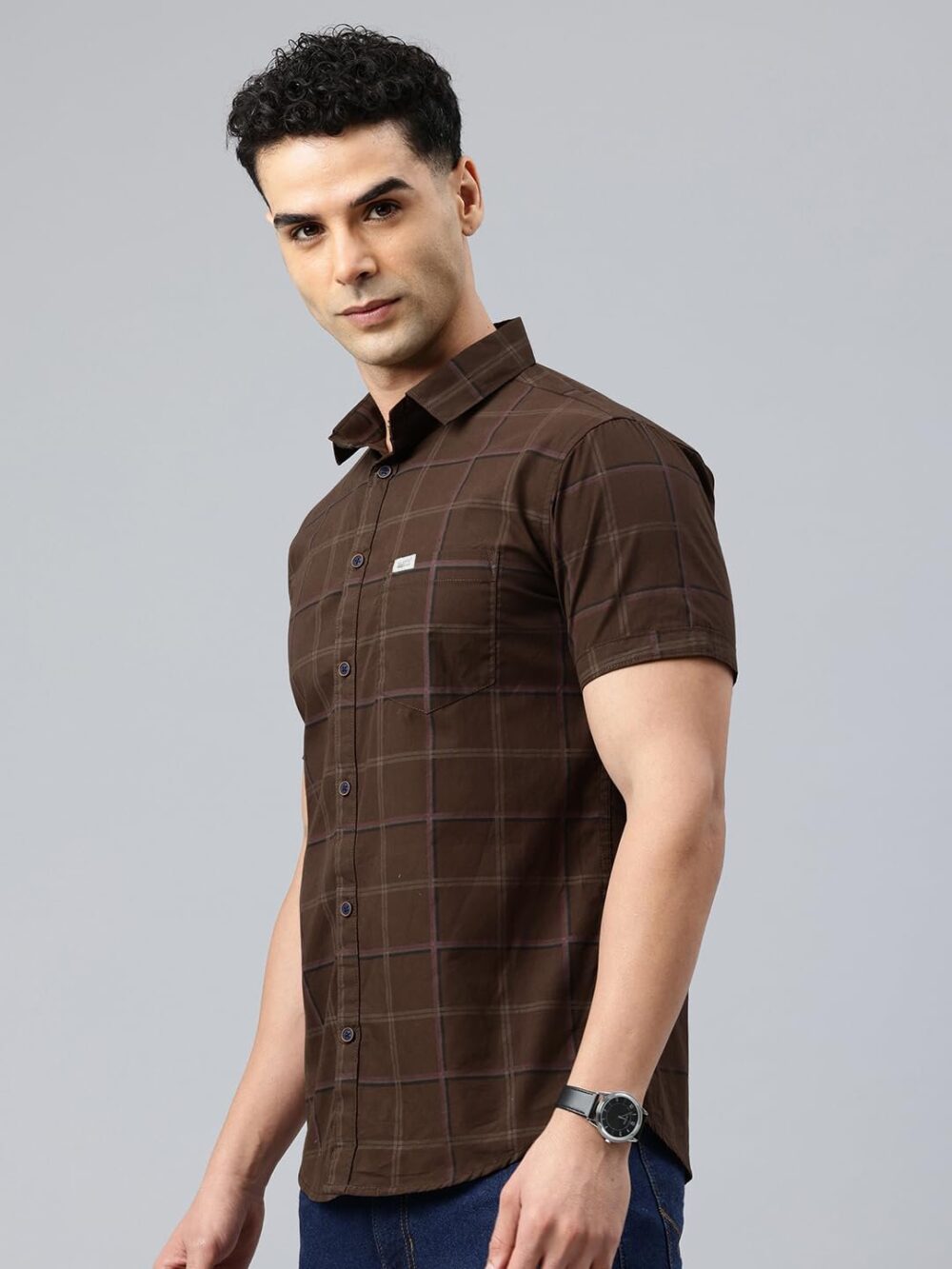Majestic Man Men's Comfort Slim Fit Checked Pure Cotton Half Sleeve Casual Shirt (Brown, Large) - Image 6