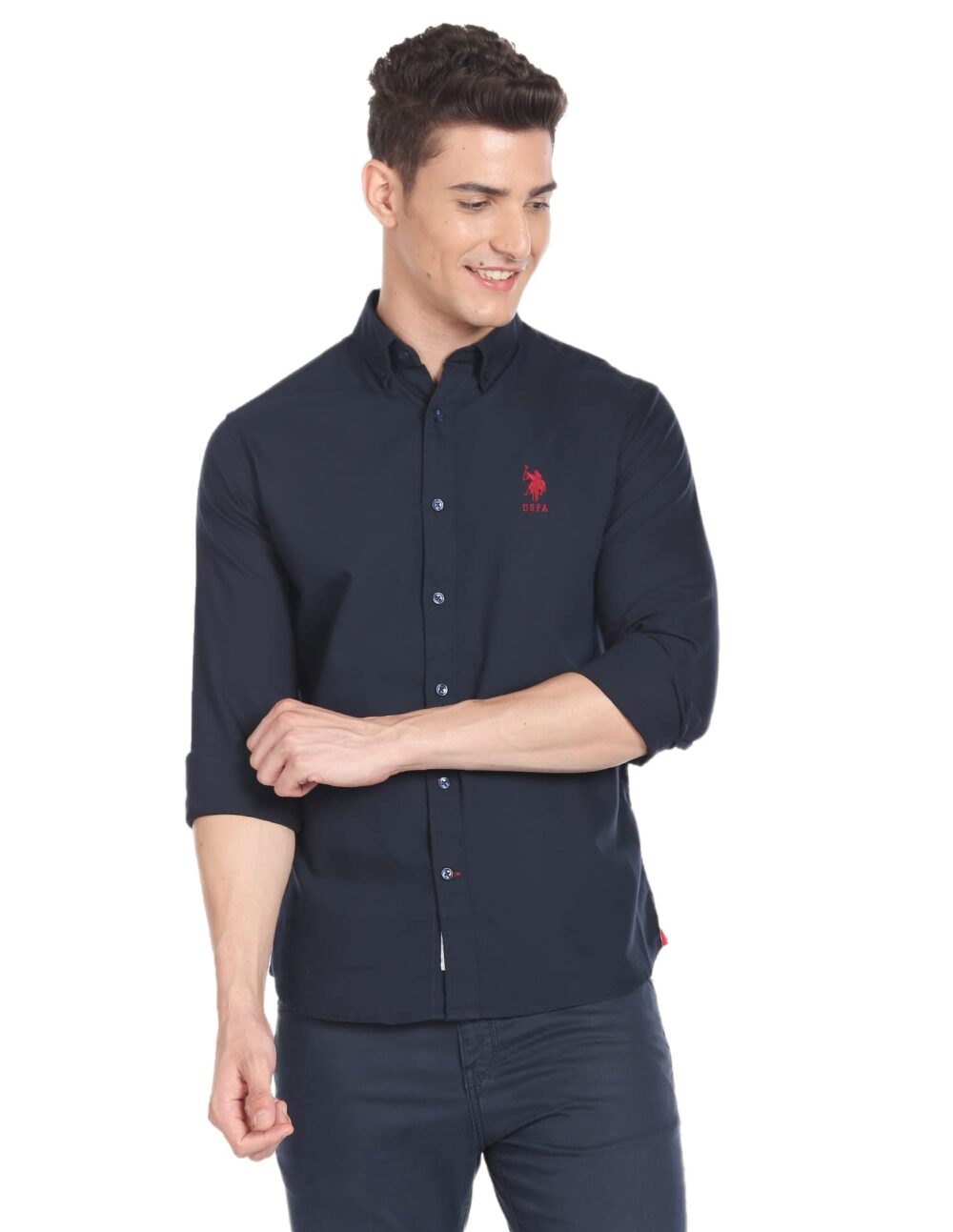 U.S. POLO ASSN. Mens Cotton Solid Fs Slim Fit Shirts (Usshtfx0105_Navy_L)