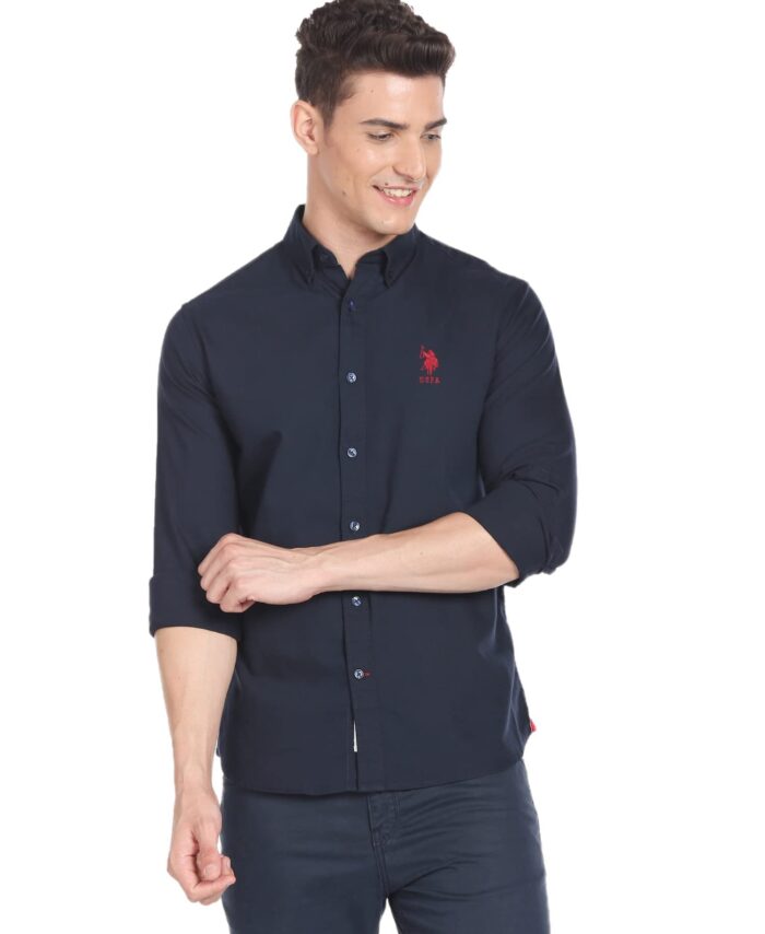 U.S. POLO ASSN. Mens Cotton Solid Fs Slim Fit Shirts (Usshtfx0105_Navy_L)