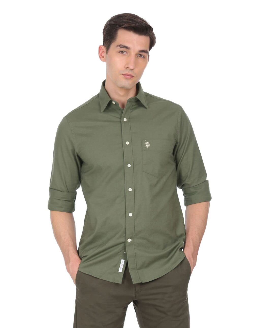 U.S. POLO ASSN. Men's Cotton Oxford Stretch Tailored Fit Spread Collar Casual Shirt (USSHTC0047_Olive_L) - Image 2