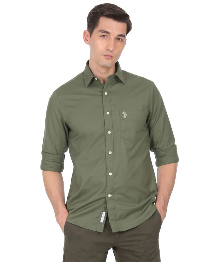 U.S. POLO ASSN. Men's Cotton Oxford Stretch Tailored Fit Spread Collar Casual Shirt (USSHTC0047_Olive_L)