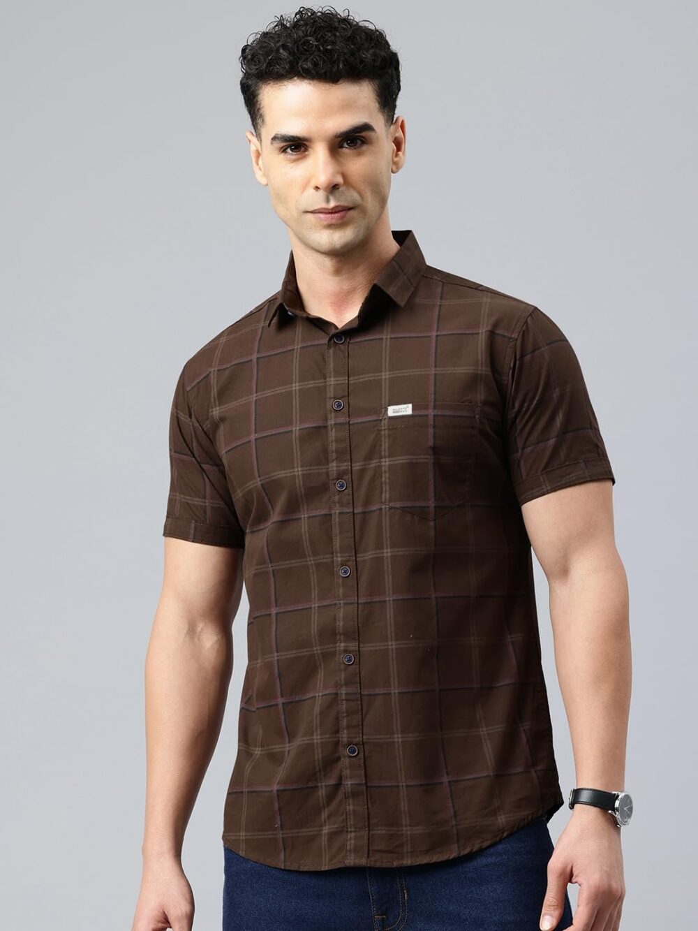 Majestic Man Men's Comfort Slim Fit Checked Pure Cotton Half Sleeve Casual Shirt (Brown, Large) - Image 7
