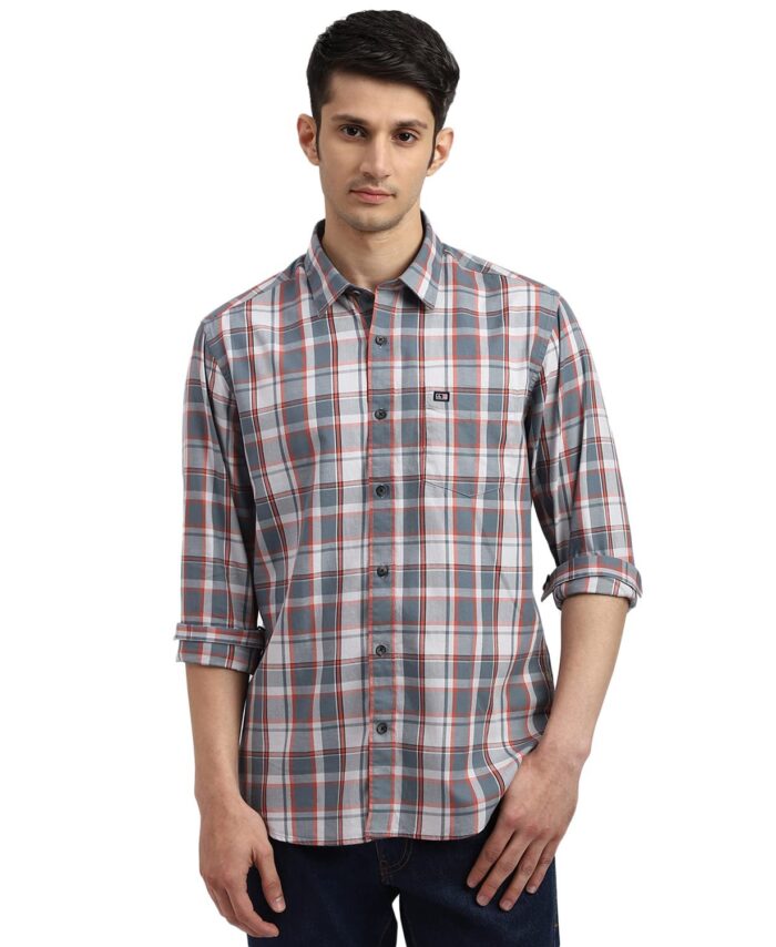 Arrow Men's Checkered Full Sleeve Slim Fit Point Collar Cotton Casual Shirt Medium Grey