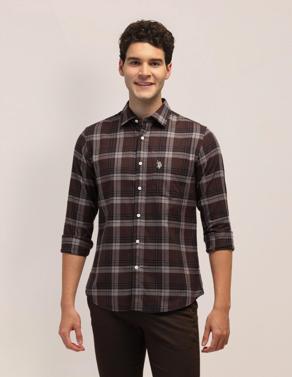 U.S. POLO ASSN. Men's Checked Tailored Fit Shirt (USSHTFX0585_Brown - Image 2