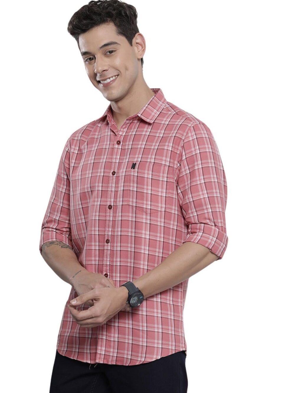 The Indian Garage Co Men's Cotton Slim Fit Shirt (0822-Sh358-01_Pink L)