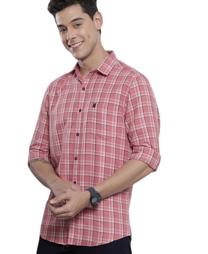 The Indian Garage Co Men's Cotton Slim Fit Shirt (0822-Sh358-01_Pink L)