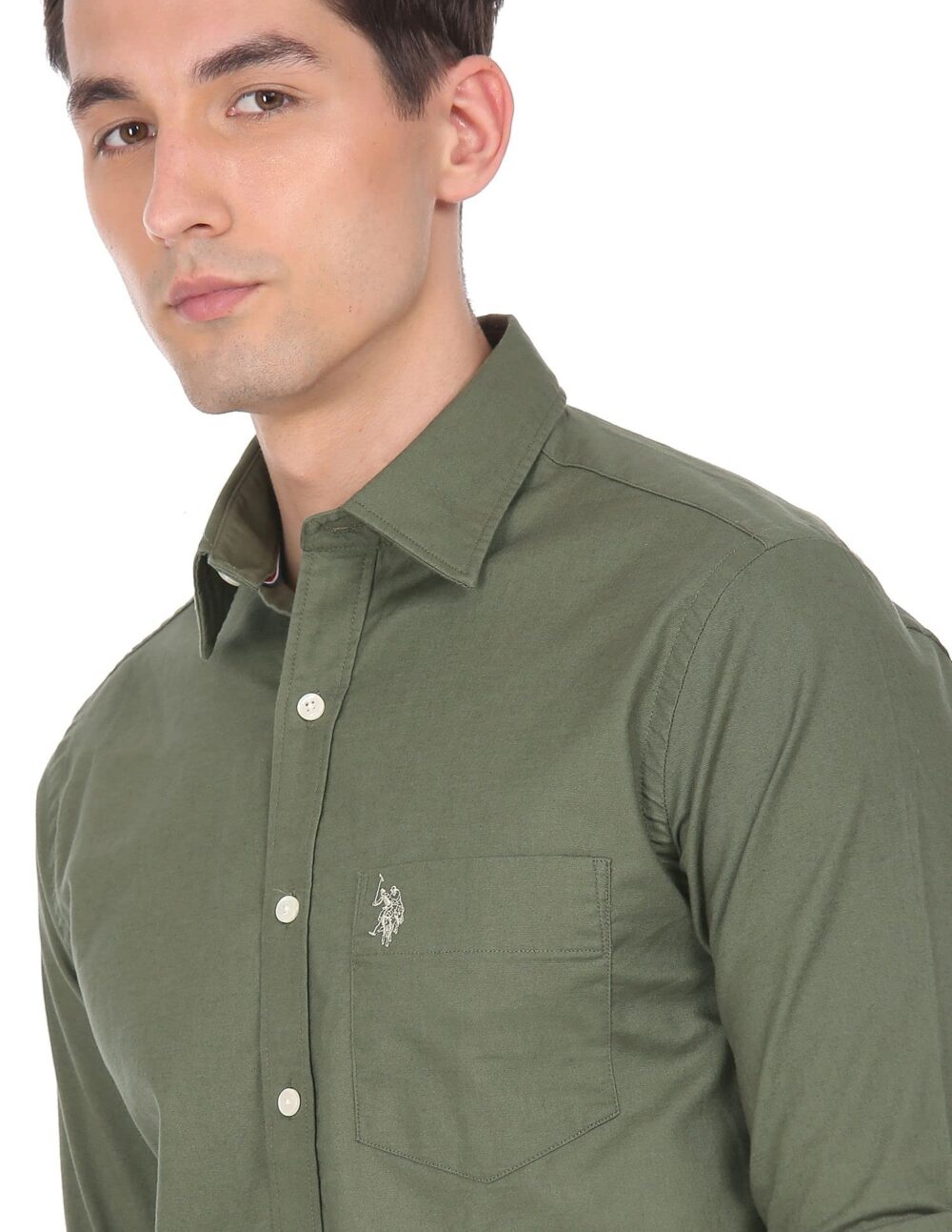 U.S. POLO ASSN. Men's Cotton Oxford Stretch Tailored Fit Spread Collar Casual Shirt (USSHTC0047_Olive_L) - Image 3