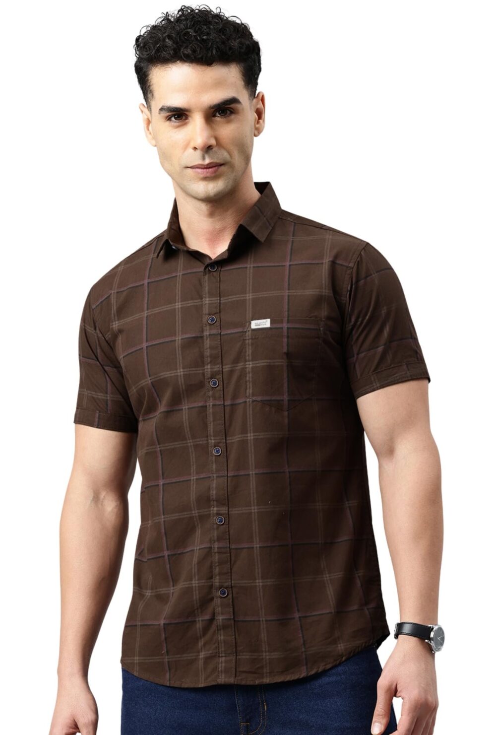 Majestic Man Men's Comfort Slim Fit Checked Pure Cotton Half Sleeve Casual Shirt (Brown, Large)