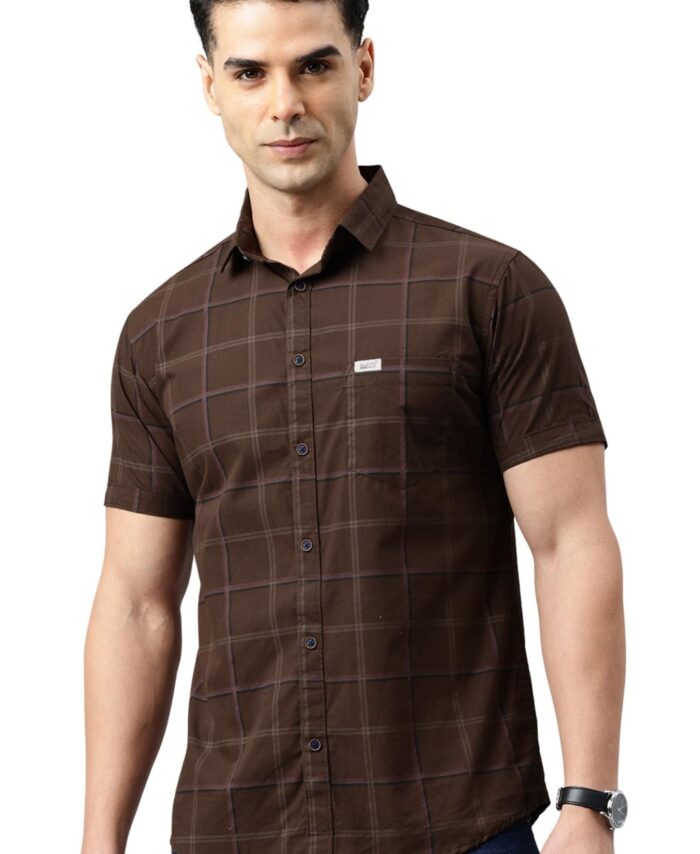 Majestic Man Men's Comfort Slim Fit Checked Pure Cotton Half Sleeve Casual Shirt (Brown, Large)