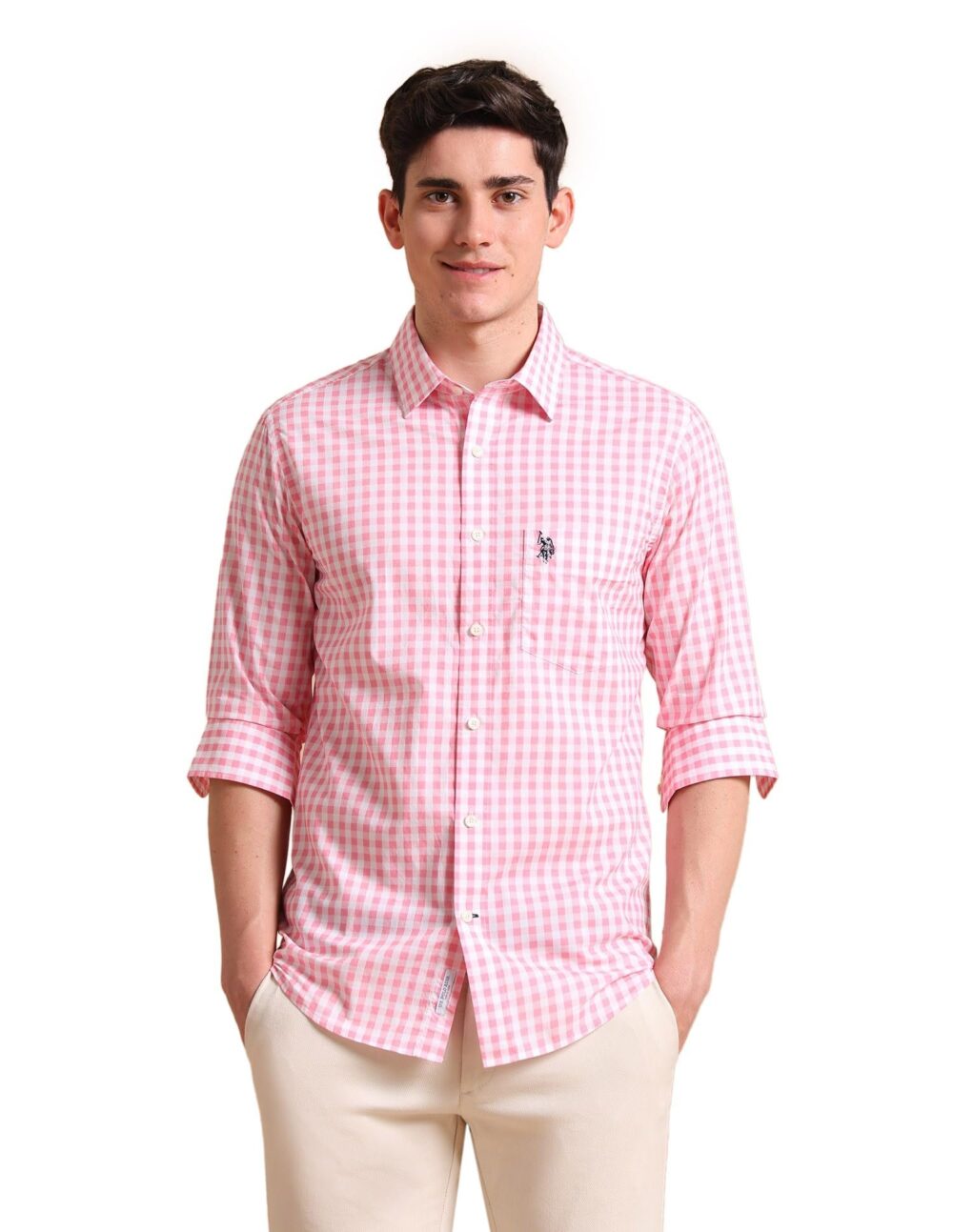U.S. POLO ASSN. Mens Cotton Checks Fs Regular Fit Shirts (Usshtfx0054_Pink_Medium)